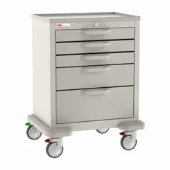 Polymer cabinet with white drawers, taupe finish, and steel frame. Configured with two swivel casters and two swivel casters with brake. Used in healthcare facilities for organizing and transporting medical supplies, instruments, and medications.