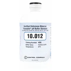 Liquid pH buffer solution with a certified value of 10.012 pH. Supplied in a 16 oz plastic bottle, this ACS-grade solution is used for calibrating pH meters and electrodes in laboratory and industrial water testing applications.