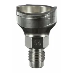 This stainless steel S6 adapter connects PPS series disposable cup liners to spray guns for paint and coating applications. It features a 1/4 in thread size and is used in automotive refinishing, industrial painting, and wood finishing.
