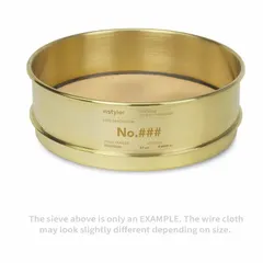 Brass-framed test sieve with brass cloth screen, 8-inch outside diameter and 2 5/8-inch height. Meets ASTM E11 standards with US Standard Screen Size #120. Used for particle size analysis and material classification in laboratory and industrial quality control applications.