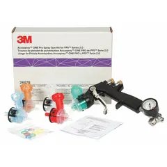 This HVLP spray gun kit from 3M is designed for applying paints, including base and clear coat. It features a composite body, a 1/4 in NPS air inlet, and consumes 13 cfm at 24 psi. The spray pattern adjusts from 1/2 in to 12 in, suitable for automotive refinishing and industrial painting tasks.