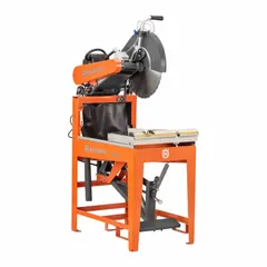 This HUSQVARNA concrete table saw is a wet-operation power cutter with a 20-inch blade diameter and 8-inch maximum cutting depth. It is designed for wet cutting of concrete, masonry, and stone materials, providing dust suppression and blade cooling during heavy-duty construction and roadwork applications.