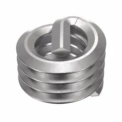 Screw-locking tanged helical insert for repairing or reinforcing threads in metal components. Features #8-32 coarse thread, right-hand direction, 18-8 material grade, and tensile strength of 200,000 to 250,000 psi. Plain finish. Supplied in a pack of 100.