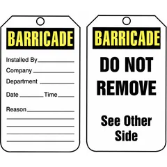 White single-part safety tags in #7 size, printed in English with legend on one side. Pack of 25 tags. Fastener not included. Suitable for barricade and lockout/tagout applications to communicate warnings or equipment status in industrial environments.