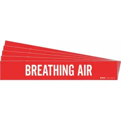 Red adhesive pipe marker with white legend text reading 'Breathing Air', designed for pipe outer diameters of 8 inches and larger. Each pack contains 5 markers without arrows. Used to identify breathing air lines in industrial piping systems.