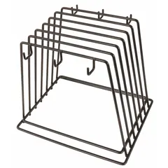 This stainless steel cutting board rack organizes and stores cutting boards in commercial kitchens. It measures 12 inches in overall length and features a silver finish. NSF certified for sanitation compliance in foodservice environments.