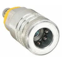 Steel quick-connect air coupling body with 3/8 in body size and 3/8 in male hose fitting. Sleeve locking type for secure connections in pneumatic systems. Suitable for industrial air line applications requiring rapid coupling and uncoupling