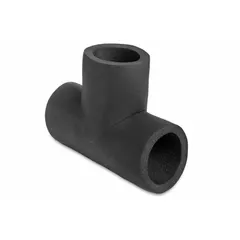 Unslit tee insulation made of Buna-N rubber/PVC blend, with 3-1/8 in inside diameter and 2 in thickness. Black finish. Plenum rated for use in air-handling spaces. Suitable for insulating pipe tees in oil-resistant applications such as industrial HVAC, refrigeration, and process piping where exposure to oils or hydrocarbons is expected.