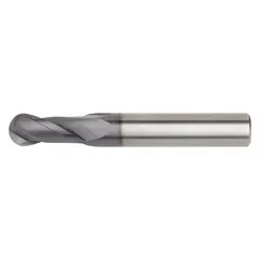 This general purpose carbide ball end mill features a TiAlN coating for wear resistance and two flutes for efficient chip evacuation. With a 5/64" cutting diameter, 3/16" length of cut, and 1-1/2" overall length, it is suited for contouring, slotting, and profiling operations in metalworking. The ball nose design enables smooth curved surfaces and 3D shapes, commonly used in mold making, die work, and precision machining.