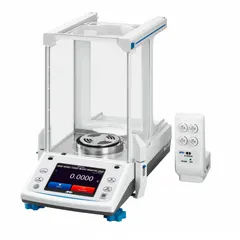 Analytical balance with 220 g capacity and 0.0001 g readability. Features 0.00009 g repeatability, LCD display, and ABS/glass construction. Suitable for precise weighing in laboratory settings such as sample preparation, formulation, and density determination.