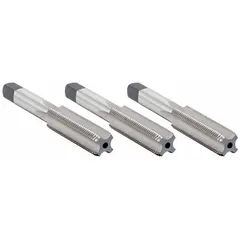 This three-piece hand tap set includes taper, plug, and bottoming taps for progressive cutting of 5/16"-24 UNF internal threads. Each tap is made of high-speed steel with 4 flutes, producing a Class 2B thread fit. Suitable for manual threading operations in metal components.