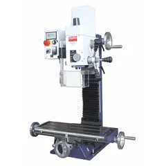 This variable-speed gear-drive mill drill is powered by a 3/4 hp motor at 120V. It features an MT2 spindle taper and a square column design, with an included task light for improved visibility. Suitable for drilling, milling, and light machining operations on small to medium parts in metalworking and fabrication settings.