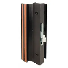 This recessed handle for sliding doors integrates a locking mechanism, providing a flush-mounted pull that saves space. It measures 7 3/16 inches in height and 3/4 inches in width. Suitable for residential or light commercial sliding door applications where a compact, built-in handle and lock are required.