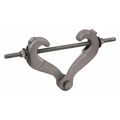 This tong-style beam clamp is made of malleable iron and designed for use with 7/8 in threaded rod. It has a load capacity of 1,365 lb and includes a locknut for secure fastening. Commonly used to suspend threaded rod from structural steel beams in piping and support applications.