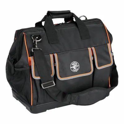 KLEIN TOOLS Tool Bag: 17 1/2 in W x 10 in D x 16 in H, Black, Polyester, 42 Pockets - Polyester Wide-Mouth Tool Bags