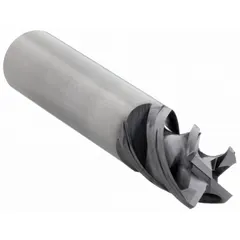 Carbide corner-chamfer end mill with AlTiN coating for steel and cast iron. 3/8" mill diameter, 1/2" length of cut, 4 flutes. Used for chamfering, edge-breaking, deburring, and countersinking in production machining.
