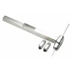 Aluminum surface vertical rod push bar with touchbar and night latch. Designed for doors up to 4 ft wide. Provides egress operation for commercial and industrial facilities.