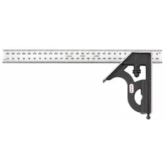 This combination square features a brushed steel blade with 1 mm metric graduations and a cast iron square head. It is used for precision measurement, layout, checking squareness, and depth measurement in machining and metalworking applications.