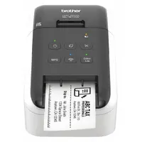 Direct thermal desktop printer from the Brother QL series. Prints labels, barcodes, and shipping tags at 1.84 in/sec with a maximum print width of 2.3 inches. Features cutter dispensing and wired/wireless (WiFi) communication. Suitable for small-parts labeling, asset tracking, and logistics applications