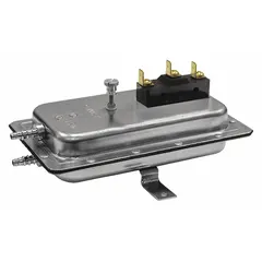 This adjustable set-point air pressure switch features auto reset and a SPDT switch rated at 277V AC. It has a barb connection and is designed for open mounting, with an adjustable range of 0.05 to 2 inches of water column. Used in HVAC and ventilation systems to sense positive or negative air pressure for control or alarm functions.