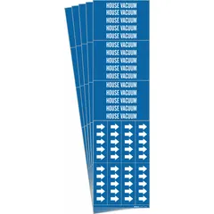 Blue adhesive pipe marker with white legend text reading 'House Vacuum' and arrows indicating flow direction. Designed for pipes with outer diameter of 3/4 inch or smaller. Each pack contains 5 markers. Used to identify vacuum lines in industrial piping systems.