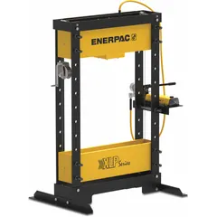 Manual H-frame hydraulic press rated for 50 tons of force. Used for pressing, bending, straightening, and assembly tasks in industrial maintenance, metalworking, and automotive repair. Applies controlled force for operations such as bearing removal and shaft alignment.