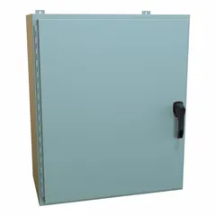 Steel enclosure with solid hinged cover and handle closure, rated NEMA 12/13/3R/4. Measures 36 x 30 x 16 inches. Suitable for indoor or outdoor use to house electrical controls and equipment, protecting against dust, dirt, dripping water, rain, and sleet. Knockouts are not included.