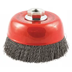 This light-cleaning brush features crimped wire bristles with a 0.014 in fill diameter and a 5 in diameter. It connects via a 5/8"-11 arbor hole, suitable for use with angle grinders. Designed for surface preparation, deburring, and light cleaning on carbon steel.