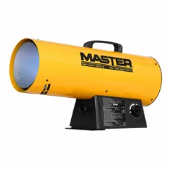 Direct-fired portable gas torpedo heater with 125,000 BtuH heating capacity and 3,125 sq ft heating area. Features an On/Off Switch. Overall dimensions: 15 in x 9 in x 25 in. Used for temporary heating in construction sites, warehouses, workshops, and outdoor events.