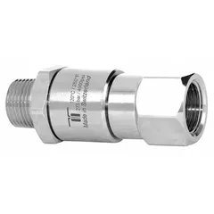 Nickel-plated C38500 brass rotating joint for air service. Single passage, straight configuration with 1/2 in stationary port. Maximum speed 30 RPM. Used to transfer compressed air from a stationary supply into rotating equipment such as reels, drums, or indexing tables.