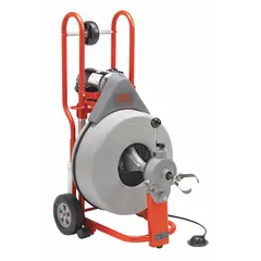 The RIDGID K-750 is a corded drum machine with auto feed, designed for clearing blockages in pipes from 3 in to 8 in diameter. It uses a 5/8 in cable and is powered by an electric motor, suitable for industrial drain cleaning applications.