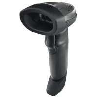 This corded barcode scanner reads 1D barcodes and connects via USB. It includes a USB cable and scanner cable. The black unit is suited for point-of-sale, inventory management, and other scanning tasks in retail and hospitality environments