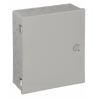 Steel indoor enclosure with a solid hinged cover secured by clamps. Measures 18 x 15 x 4 inches with a NEMA 1 rating for protection against dust and light contact. Includes knockouts for cable entry. Suitable for housing electrical components in general-purpose indoor applications