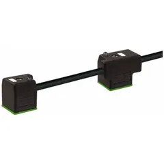 Double-valve DIN Form A solenoid connector cordset with two female right-angle connectors and bare wire terminations. PVC cable, 18 AWG, black jacket, 200 mm DIN connector spacing, IP67. Used for connecting solenoid valves in industrial automation and pneumatic control systems.