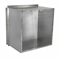 Steel intake guard designed for wall-mount ventilation fans with a 48-inch blade diameter. Constructed from 16-gauge steel and includes four side panels. Used to protect personnel and equipment from contact with moving fan blades while allowing airflow in industrial ventilation, warehouse, and commercial exhaust applications.