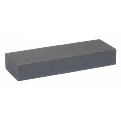 Silicon carbide bench stone with coarse and fine grit surfaces for sharpening and honing cutting tools, knives, and chisels. Measures 8 inches long, 2 inches wide, and 1 inch thick.