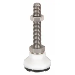 Male leveling mount with swiveling stud, 3/8"-16 thread, 1.25 in type, 300 lb capacity, plain finish, round base, elastomer thrust pad, includes jam nut, 5/8 in hex, mounting holes. Used for stabilizing machinery and equipment on uneven floors, reducing vibration and preventing sliding.