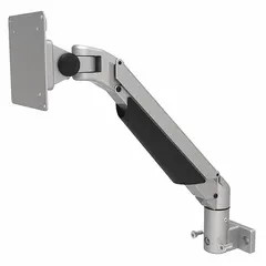 Aluminum monitor support with 4-axis positioning arm and cable management cover. Features rotate adjustability and includes M4 fasteners. Compatible with single extrusion profiles in Fath 40 Series and similar structural framing systems. Finished in black/gray lacquer.