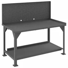 This fixed-height steel workbench features a 72 x 30 inch work surface, an integrated pegboard panel, and a lower shelf for tool and material storage. With a 4000 lb overall load capacity, it is suited for heavy-duty assembly, maintenance, and repair tasks in industrial and workshop environments.