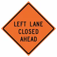 This 36 in x 36 in roll-up sign is used for temporary traffic control to warn drivers of a left lane closure ahead. It meets MUTCD standard W20-5 and is made from 0.015 in thick orange polyester/PVC. The sign is not retroreflective