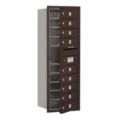Horizontal multi-unit mailbox with 9 lockable doors, designed for recessed mounting. Measures 41 3/8 in H x 17 in W x 16 1/2 in D. Suitable for centralized mail distribution in multi-tenant residential or commercial buildings.