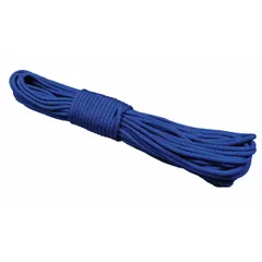 This 1/4 in diameter polyester rope is UV-resistant and rated for a working load limit of 120 lb. The blue braided construction is suited for light-duty tying, bundling, and general utility tasks such as securing tarps or camping lines. It is intended for non-critical, low-stress applications where UV exposure is a concern.