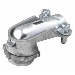 Zinc alloy 90° connector with 1-1/2 in MNPT box connection and 1-1/2"-11-1/2 NPSM thread. Squeeze clamp secures MC cable. UL listed. For right-angle cable termination in electrical enclosures.
