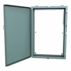 This steel enclosure measures 36 x 24 x 6 inches and is rated NEMA 12/13/3R/4, suitable for protecting electrical components in indoor or outdoor environments where protection from dust, falling dirt, rain, sleet, and hose-directed water is required. It includes a solid cover and a panel, with clamp closure and no knockouts.
