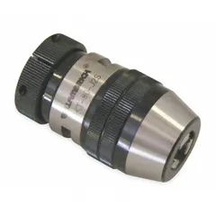 This keyless drill chuck features a JT33 taper mount for secure attachment to compatible spindles. It accommodates bit diameters from 1/32 in to 3/8 in and incorporates a ball bearing design to reduce friction during high-torque operation. Suitable for gripping drill bits and rotary tools in industrial drilling applications.