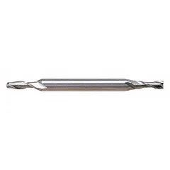 This double-end square end mill is made of high-speed steel with a titanium nitride (TiN) coating. It has a 1/32" mill diameter, 3/32" length of cut, and two flutes. The TiN coating reduces friction and extends tool life. Typical applications include slotting, profiling, and contouring in general-purpose milling of ferrous and non-ferrous materials.