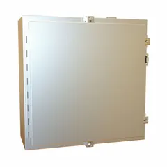 This stainless steel enclosure measures 20 x 20 x 8 inches and is rated NEMA 12/13/3R/4/4X for protection against dust, water, and corrosion. It features clamp closure and includes an inner panel. Suitable for housing electrical controls and instruments in indoor or outdoor environments requiring corrosion resistance.