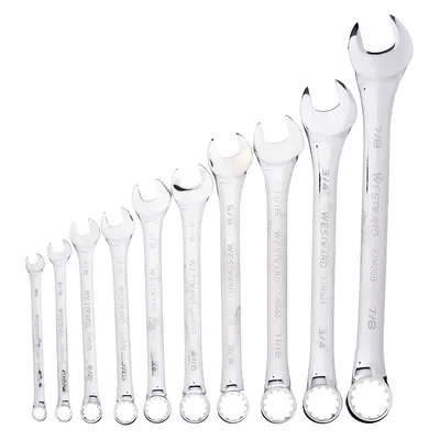 WESTWARD Combination Wrench Set: Alloy Steel, Chrome, 10 Tools - SAE 12-Point Combination Wrench Sets