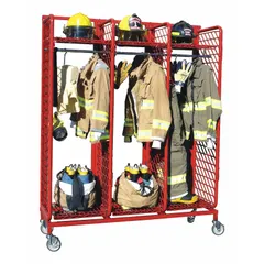 Mobile turnout gear rack with three compartments for organizing and storing protective equipment. Constructed of steel with a red finish. Single-sided design with 64-inch length. Suitable for fire stations and emergency service facilities requiring portable gear storage.