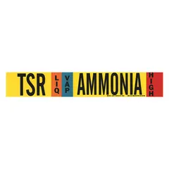 Ammonia adhesive pipe marker with IIAR abbreviation TSR for liquid/vapor (LIQ/VAP) at high pressure. Fits pipe outer diameters from 2-1/2 to 7-7/8 inches. Supplied without arrows. Used for identifying ammonia piping in industrial refrigeration systems.